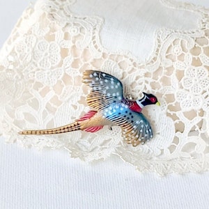 Hand Painted Wild Pheasant Brooch Vintage Small Bird Pin Multicolored Folk Art Acrylic Pheasant Jewelry, Collectible Pin Bird Costume 70&#39;s
