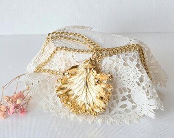 Dipped In Gold Leaf Pendant 24" Necklace Large Vintage Shiny Gold  Fun Pendant , Statement leaf necklace Rare Leaf Jewelry Unique Leaf