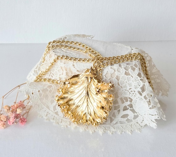 Dipped In Gold Leaf Pendant 24" Necklace Large Vintage Shiny Gold Fun Pendant , Statement leaf necklace Rare Leaf Jewelry Unique Leaf