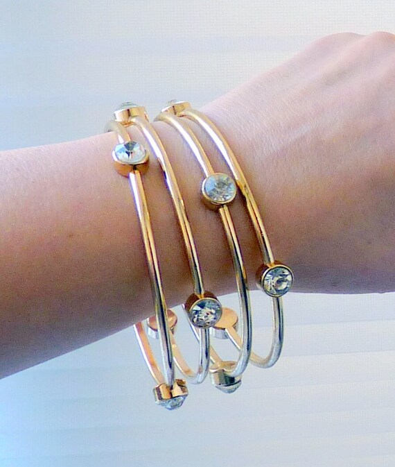 4 Gold Tone Crystal Stack Thin Bangles Vintage Se… - image 3