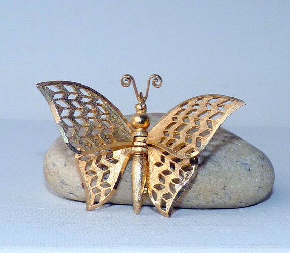 Gold Tone Textured Butterfly Pin With Wiggly Wing… - image 4