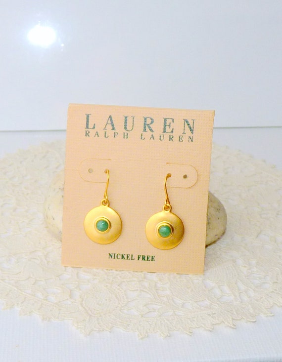 Lauren Gold Tone Jade Dangle Earrings Vintage Bru… - image 1