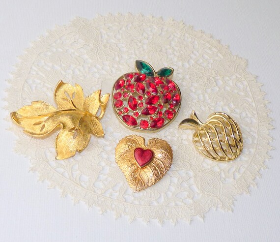 Lot of 4 Gold Tone Pin Brooches Apple Pin Jewelry… - image 1