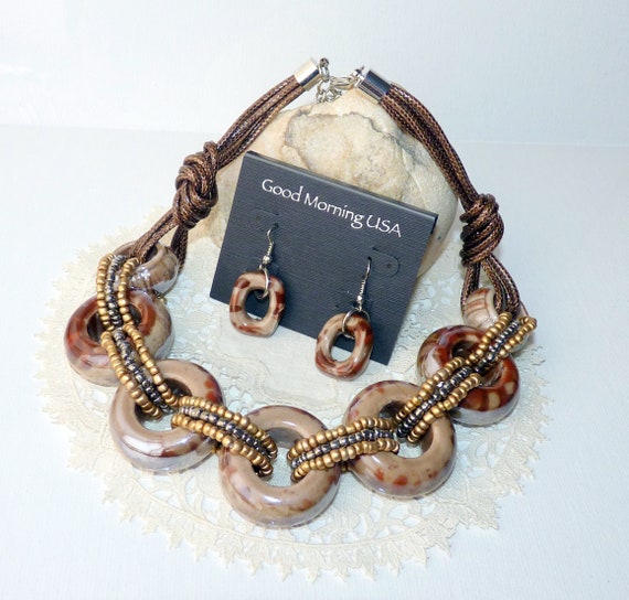 Vintage Ceramic Beads Necklace 17+3" Geometric Bo… - image 1