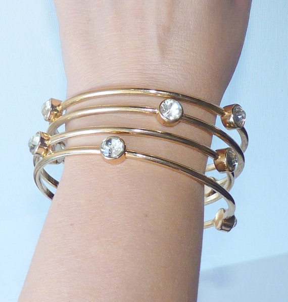 4 Gold Tone Crystal Stack Thin Bangles Vintage Se… - image 2