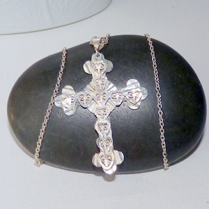 Vintage Sterling Silver Cross Pendant 20&quot; Necklace, Religious Cross Filigree Cross Diamond Cut Cross, Cross Necklace, 925 Religious Jewelry