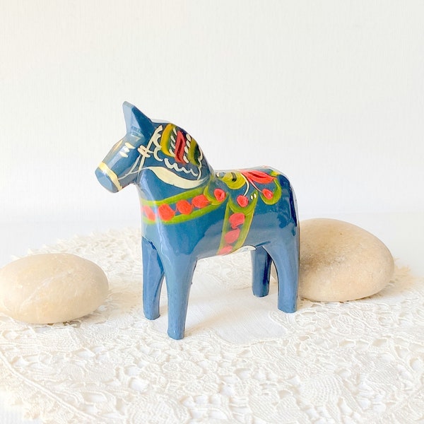Carved Wood Dala Horse Figurine Vintage Hand Painted Horse, Miniature Collectible Home Decor Sculpture Blue Collectible Folk Art Horse