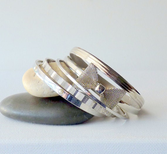 Vintage Silver Metal Stack Thin Bangles Bracelet,… - image 2