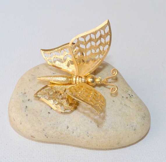 Gold Tone Textured Butterfly Pin With Wiggly Wing… - image 1