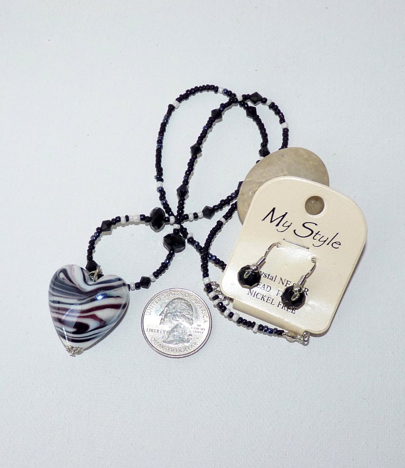 Glass Heart Necklace and Earring Set MINT Costume Vintage Crystal Jewelry Set Modernist Earrings Set Costume Necklace and Earrings Jewelry