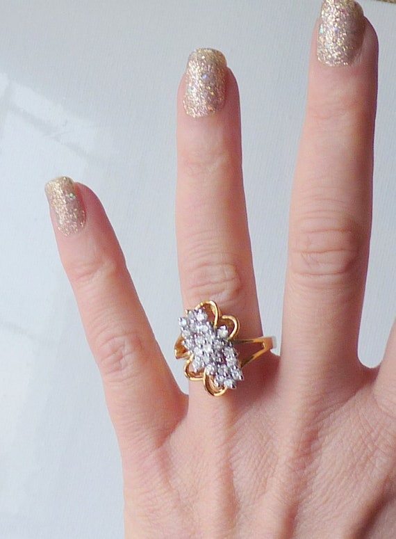 Gold Tone CZ Cluster Ring Size 8 Ring, Costume Je… - image 3