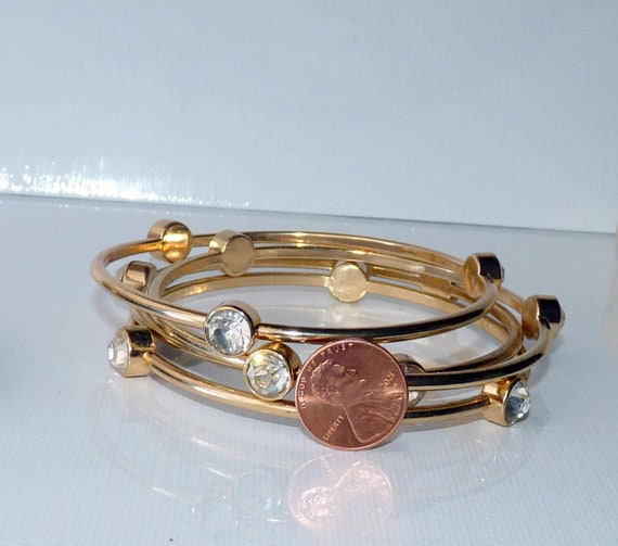 4 Gold Tone Crystal Stack Thin Bangles Vintage Se… - image 6
