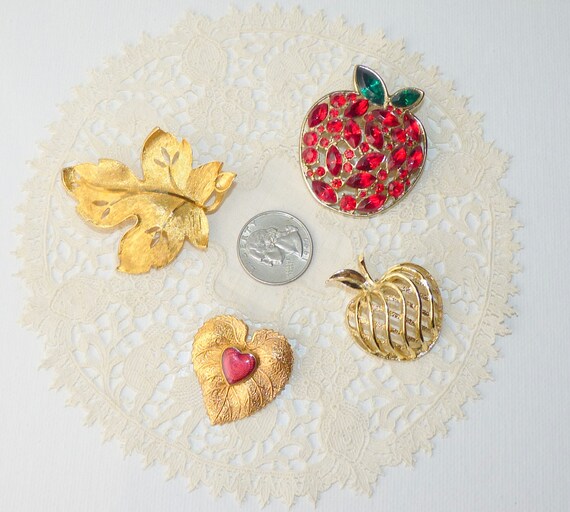 Lot of 4 Gold Tone Pin Brooches Apple Pin Jewelry… - image 2