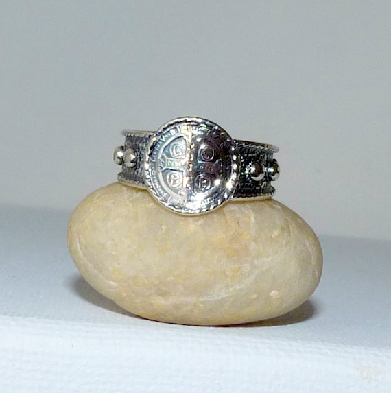 Sterling Silver Rosary Ring, Vintage St Benedict … - image 1