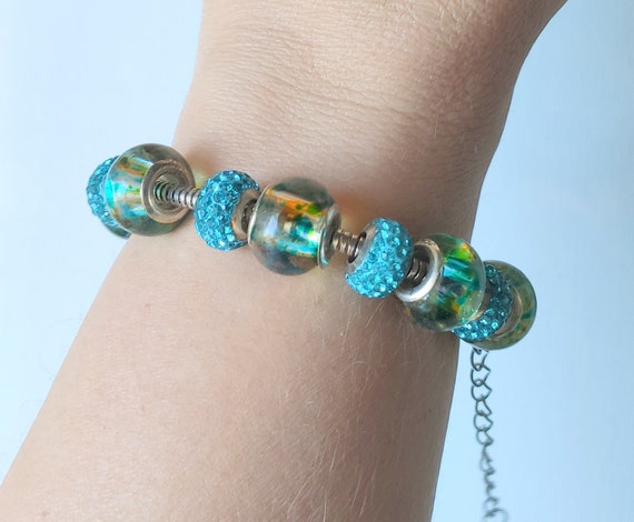Silver Glass Beads Bracelet Pandora Like Murano Glass Large Hole Lampwork Glass Charm Beads Bracelet 925 Silver Glass Charm Bracelet View 4