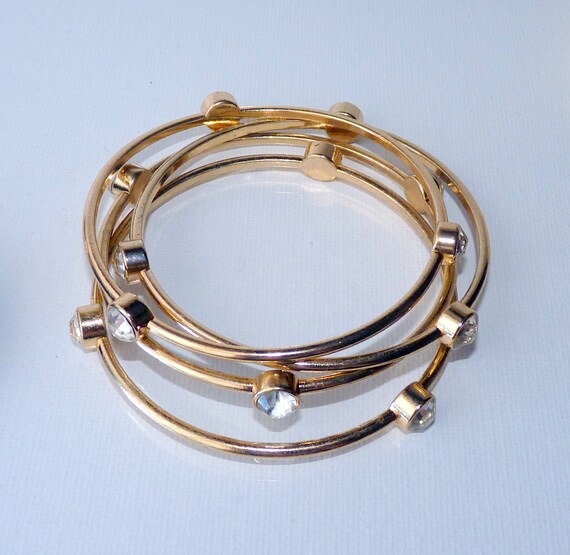 4 Gold Tone Crystal Stack Thin Bangles Vintage Se… - image 5