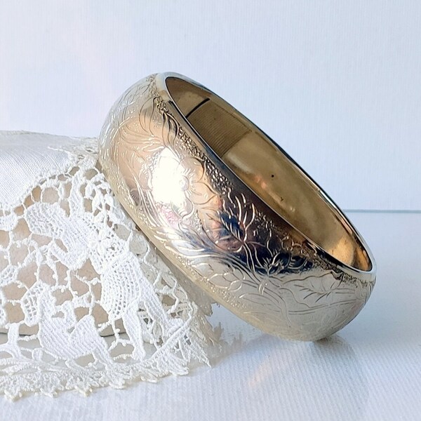 Art Deco Light Gold Bangle Bracelet Vintage Bracelet Thick Silver Tone Bangle Simple Bangle Jewelry, Silver Jewelry Floral Bracelet Art Deco