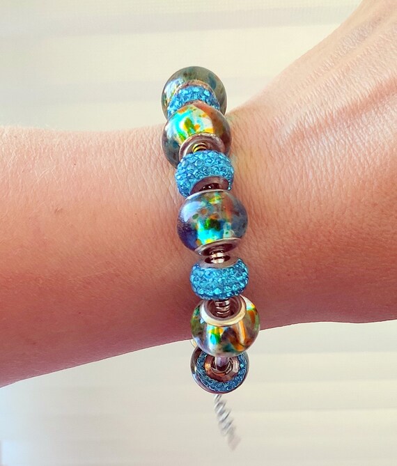 Silver Glass Beads Bracelet Pandora Like Murano Glass Large Hole Lampwork Glass Charm Beads Bracelet 925 Silver Glass Charm Bracelet View 5