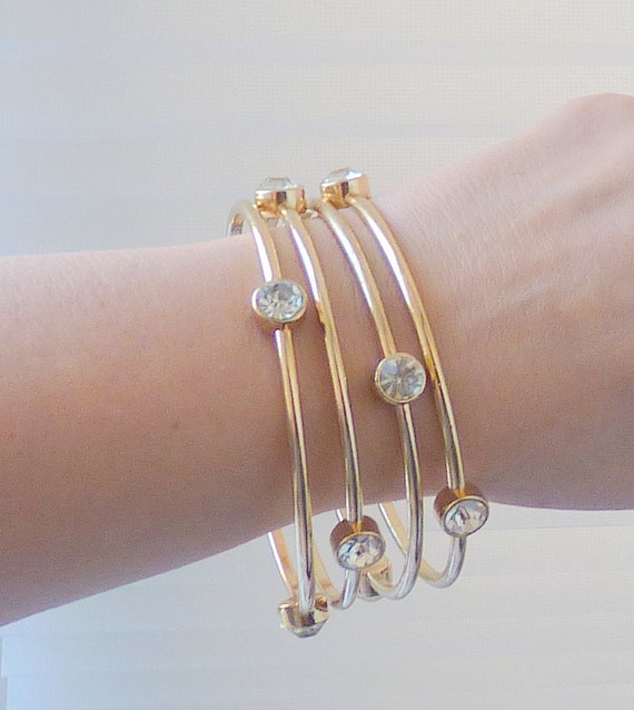 4 Gold Tone Crystal Stack Thin Bangles Vintage Se… - image 4