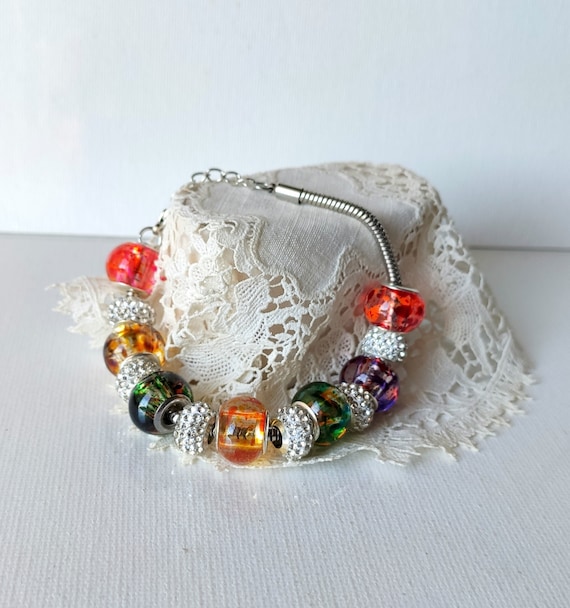 Silver Glass Beads Bracelet Pandora Like 7 1/2" Murano Glass Large Hole Lampwork Glass Charm Beads Bracelet 925 Silver Glass Charm Bracelet