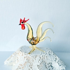 Small Glass Rooster Bird Figurine Vintage Bird Miniature Collectible Art Glass Bird Tiny Glass Yellow and Red Vintage Glass