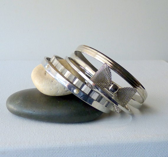 Vintage Silver Metal Stack Thin Bangles Bracelet,… - image 3