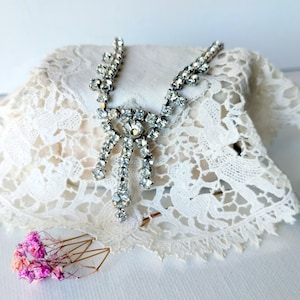 Rhinestone Chocker Necklace, Vintage Crystal Dangle Choker Necklace Silver Tone Rhinestone 50&#39;s Costume Jewelry Retro Necklace, Wedding