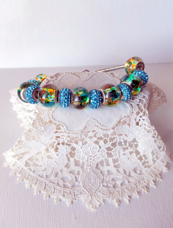 Silver Glass Beads Bracelet Pandora Like Murano Glass Large Hole Lampwork Glass Charm Beads Bracelet 925 Silver Glass Charm Bracelet View 2