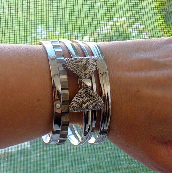 Vintage Silver Metal Stack Thin Bangles Bracelet,… - image 5