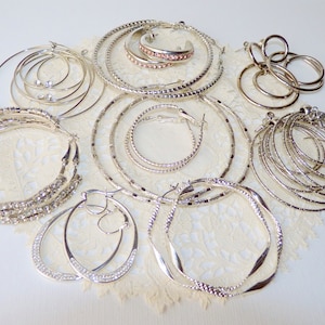 Vintage Earrings, Lot of 10 Pairs of Hoop Earrings, Silver Hoops, Costume Silver Tone Pierced Earrings, Costume Jewelry, Vintage Silver Tone