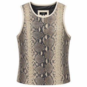 May include: A sleeveless vest featuring a grey and beige snakeskin pattern with a round neckline and cream-coloured trim. The interior is lined in black fabric with a label at the neck that reads JAKEWOOD and includes the size XL.