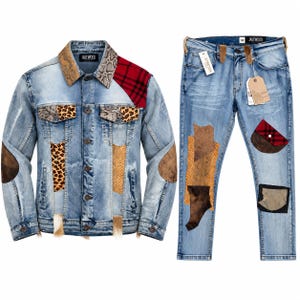 Men's Light Wash Denim Jacket Jeans Set with Genuine Python Trim Made in USA
