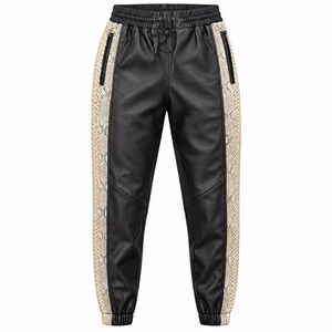 Men's Black Leather Jogger Pants with Natural Python Side Stripes Made in USA