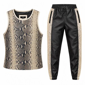 Men’s Genuine Python Vest and Black Leather Jogger Pants Set Made in USA