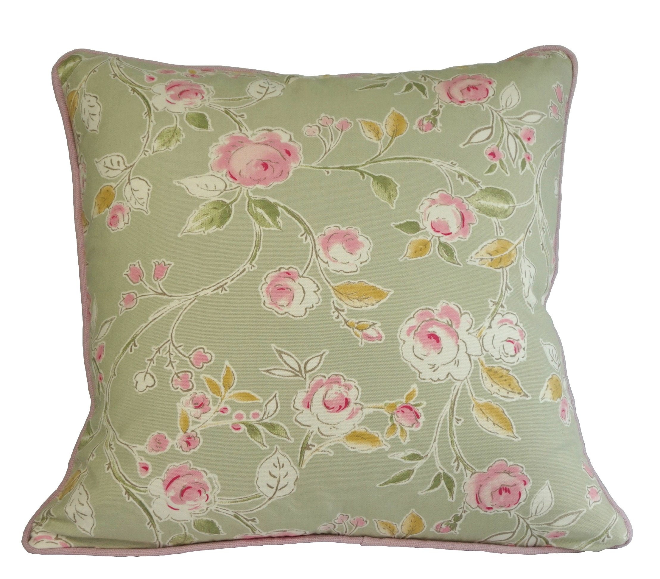 Green Floral Cushion Cover with Pink Piping Etsy