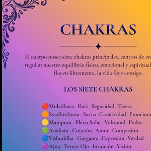 Pode incluir: Um cartaz retangular com fundo degradê de roxo para laranja apresentando o texto CHAKRAS no topo. Abaixo, um texto em espanhol explica sete centros energéticos. Uma lista de sete círculos coloridos com nomes e atributos é exibida.