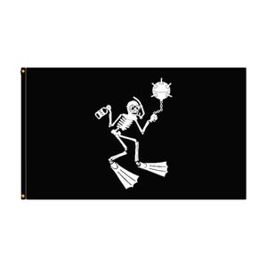 May include: A rectangular black flag featuring a white graphic of a skeleton wearing a diving mask and snorkel. The skeleton is depicted with swim fins on its feet, holding a small bottle in one hand and a spiked naval mine on a chain in the other.