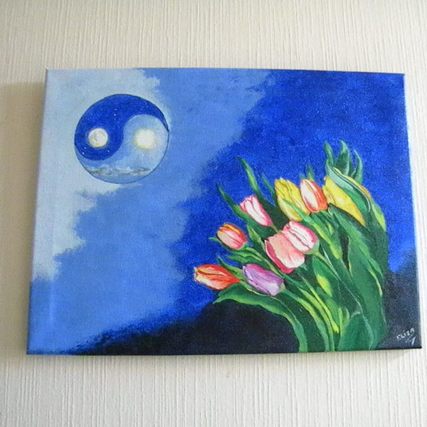 Tulipes yin et yang en tableau peint à huile et acrylique.