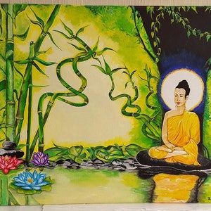 Oil painting Buddha, river, lotus, bamboo forest. image 1