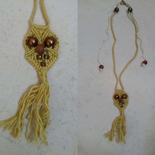 Collier macramé hiboux.