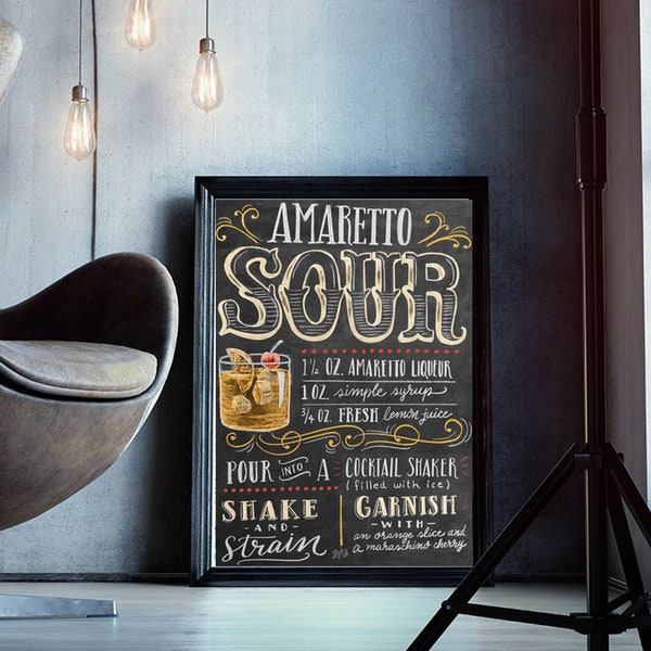 Amaretto Sour Idea Signe MÉTAL Art Mural Classique Recette Affiche Cuisine Décoration Intérieure Homme Cave Barman Alcool Coffret Cadeau