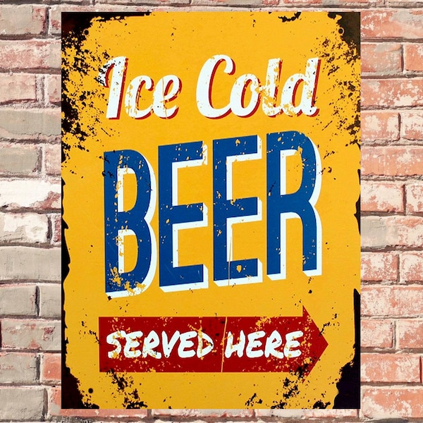 Ice Cold Beer Served Here Pub Bar Metal Sign Vintage Effect