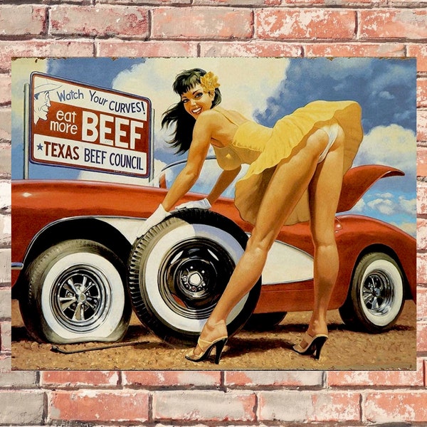 Sexy Retro Pinup Girl Car Van Petrol Car Garage Metal Sign Vintage Effect