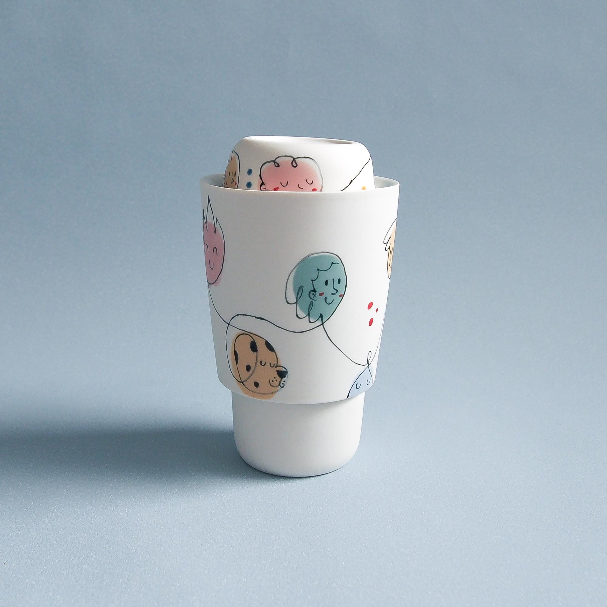 Double Ceramic Mug Without Handle // Tea Mug with Mini Lid-Cup, Strainer & Travel Lid