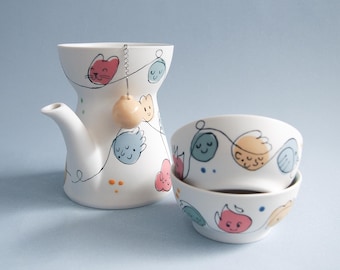 Handmade Porcelain Teapot Set for Two // Unique Tea Service with Cups & Strainer