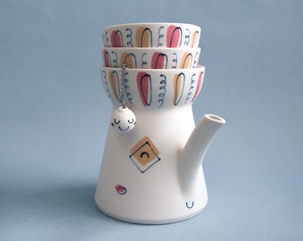 Drôle Service à Thé en Porcelaine Fait Main pour Deux // Théière et Tasses Uniques avec Infuseur en inox