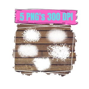 May include: Five white spray paint splatters on a brown wood background. The image is labeled "5 PNG's 300 DPI".