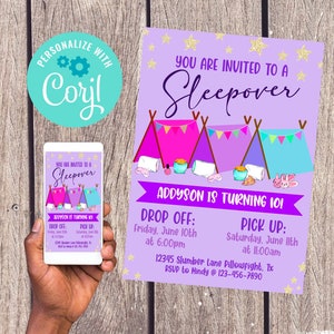 Editable Sleepover birthday party invitation | Teepee slumber party | Tent Party | Girls Birthday party digital download invitations | corjl