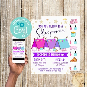 May include: A sleepover party invitation with a pink, purple, and blue tent design. The invitation says "You are invited to a Sleepover" and "Addyson is turning 10!" with details for drop off and pick up. The invitation has a gold glitter background with stars.