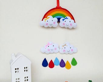 Rainbow Felt Hanging Decoration, Nursery Decor, Felt Rainbow and Clouds, Kids Room Decoration, Hand Sewn Gift, Felt Ornament, New Baby Gift